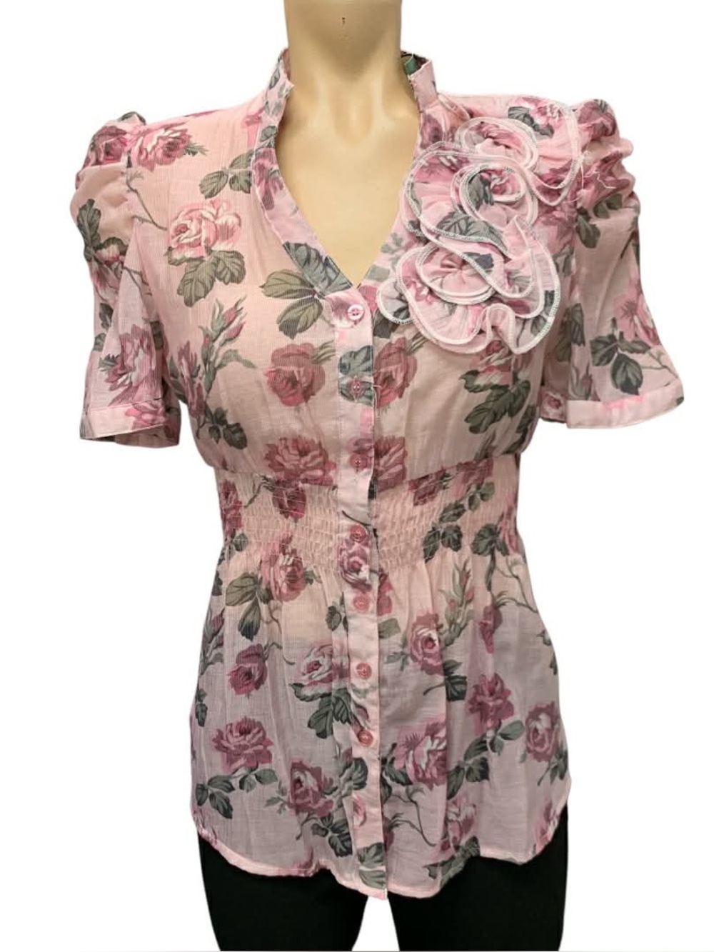 Pink Berry Pink Floral Ruffle Button-Front Women's Top Size S
